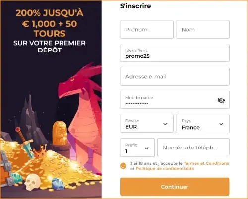 Formulaire d'inscription Lord of Spins avec bonus du premier dépôt